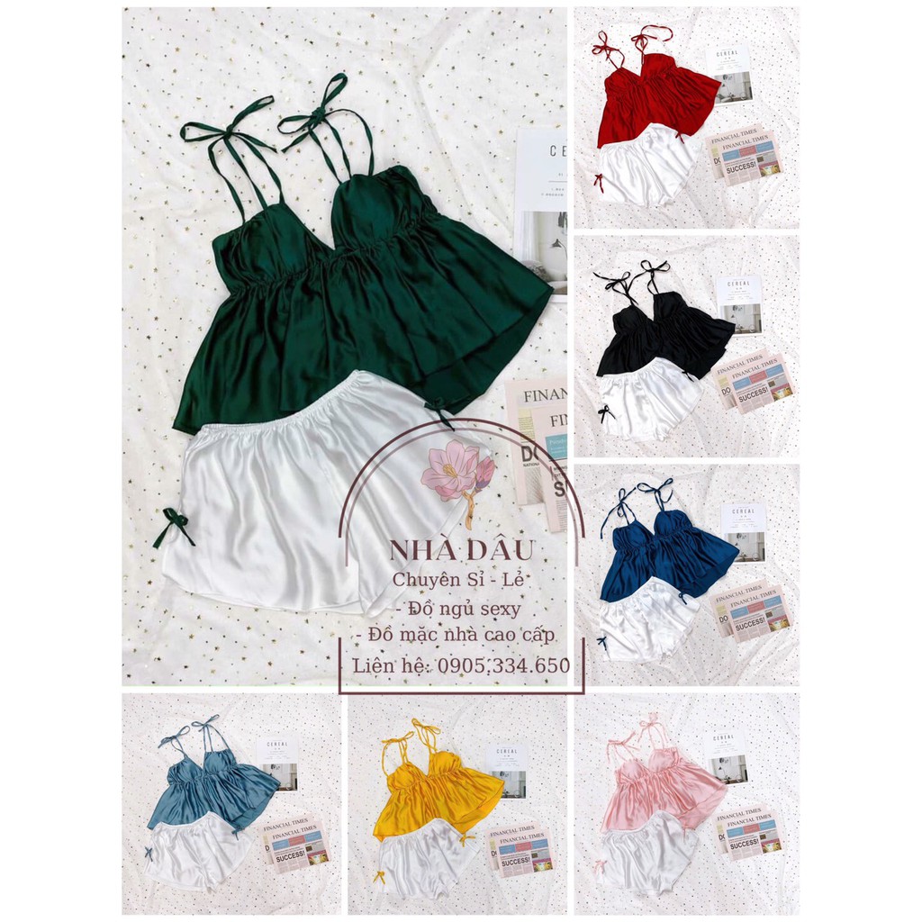 Set đùi 2 dây áo lụa satin màu - quần trắng siêu xinh form 40-56kg
