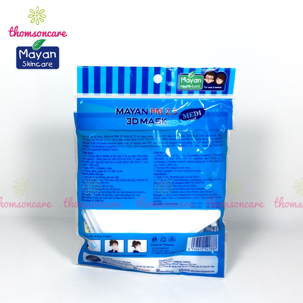Khẩu trang Mayan 3D Mask Gói 5 chiếc cho bé và người lớn, có 4 lớp y tế kháng khuẩn