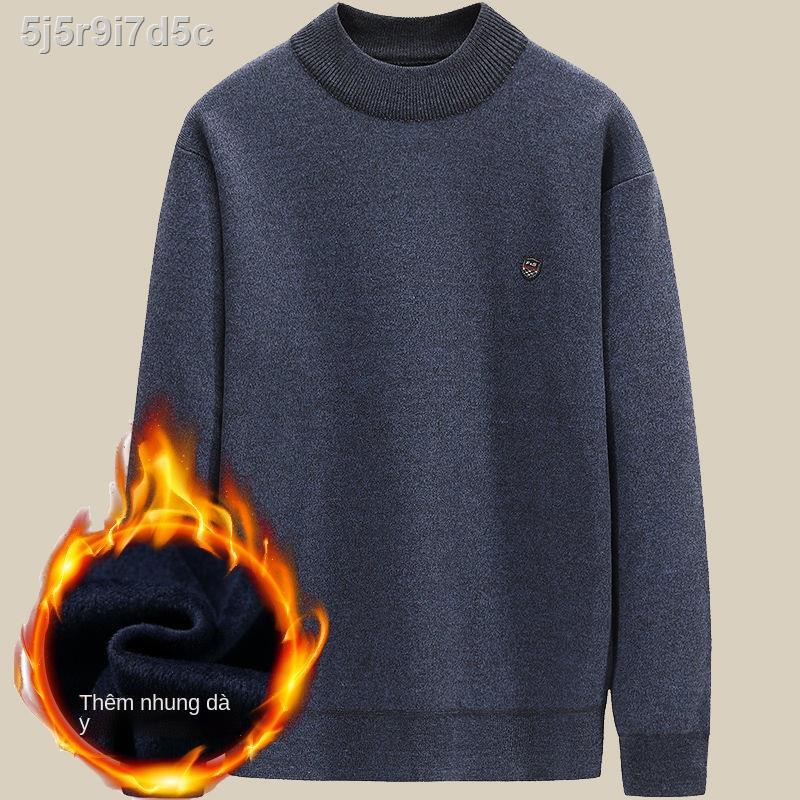 ✙❒☑Áo len nam cổ tròn cho người trung niên và cao tuổi cha 50 60 ông nội mùa đông cộng với khoác đệm nhung