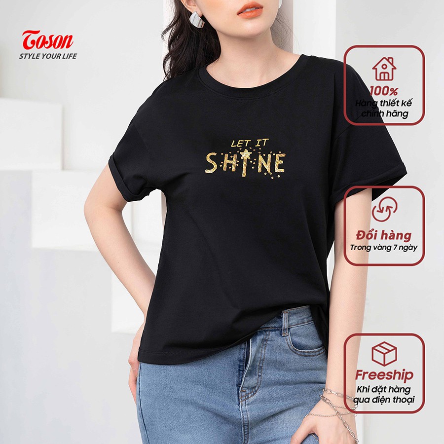 Áo T-shirt cotton from rộng tay nơ vê, ngực thêu kim sa