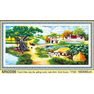 Tranh thêu chữ thập thanh lý phong cảnh làng quê cây đa giếng nước MN0096 160x85cm
