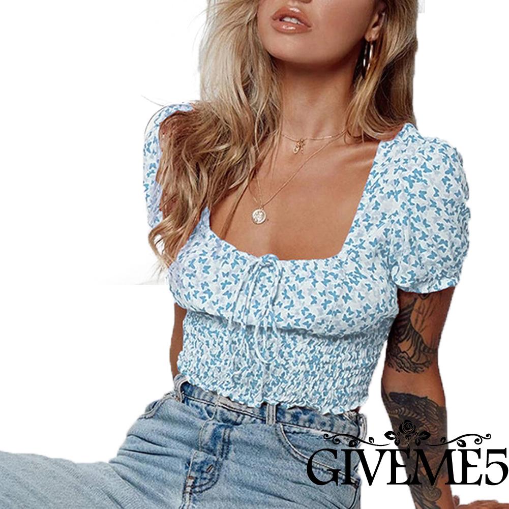 Áo lửng kiểu tay phồng cổ vuông thời trang xinh xắn dễ thương dành cho nữ