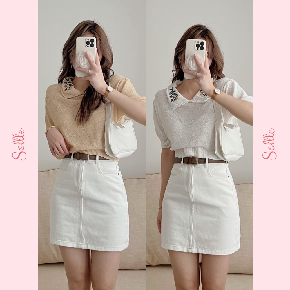 Áo len lưới mỏng ngắn tay cổ sen thêu hoa nổi cách điệu trắng kem vintage Hàn Quốc Sollle