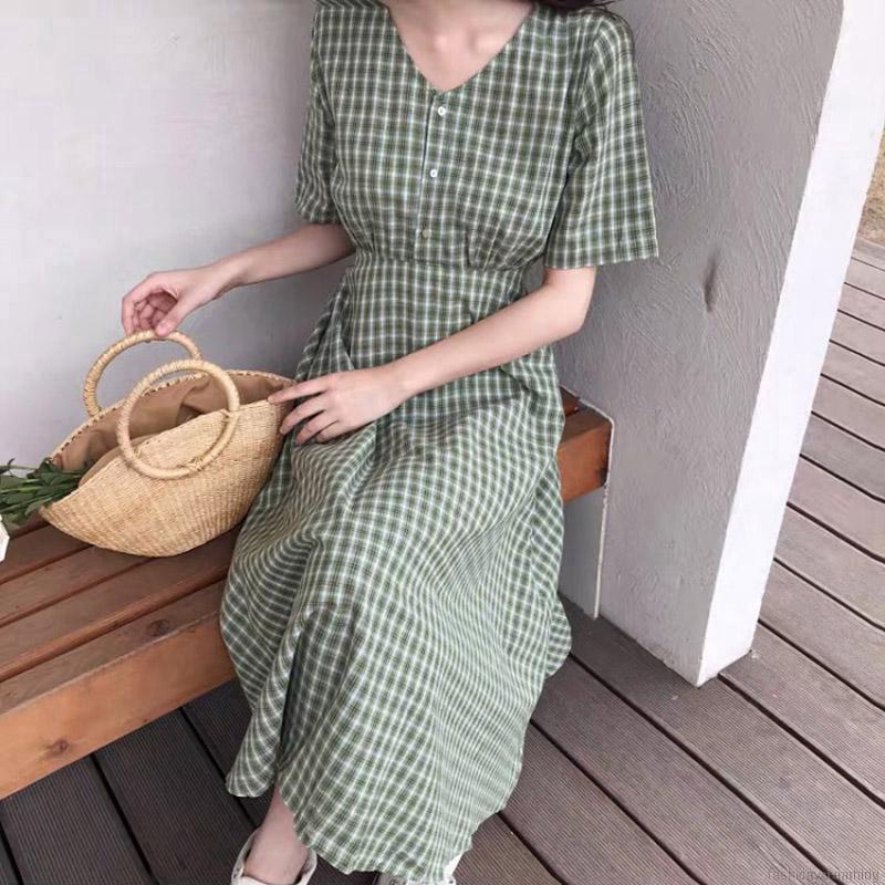Women Plaid Print Round Collar Strap Waist Slim Shirts Dress