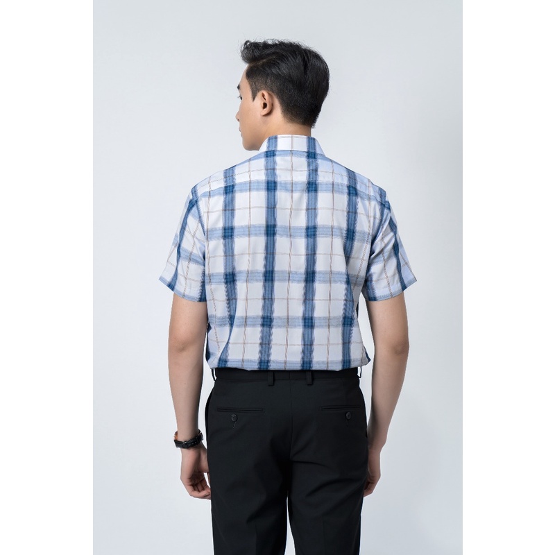 Áo sơ mi nam ngắn tay OWEN AR220406NT somi công sở vải bạc hà cao cấp màu kẻ caro xanh trắng dáng suông tà lượn có túi