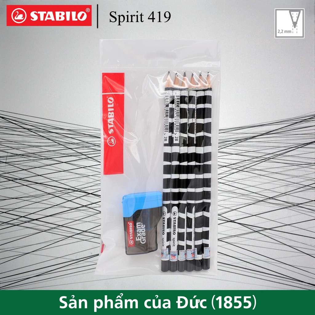 Combo 6 bút chì chuốt thân gỗ STABILO Spirit 419 2B+ chuốt chì PS4538 (Sọc đen/ xám)