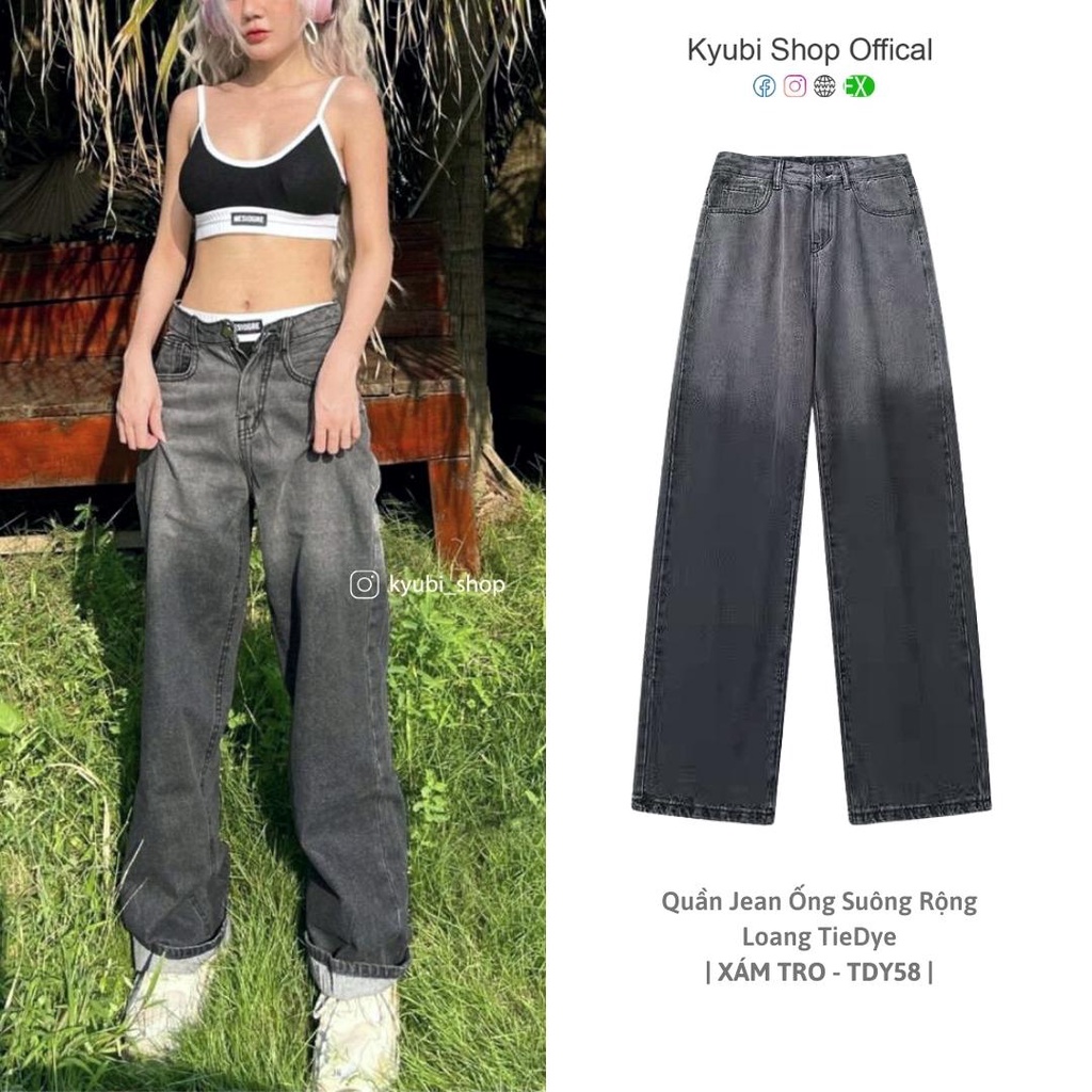 Quần jean nữ ống suông xám khói loang phong cách Streetyle (Có Bigsize) - Baggy Jeans ống rộng Kyubi TDY58