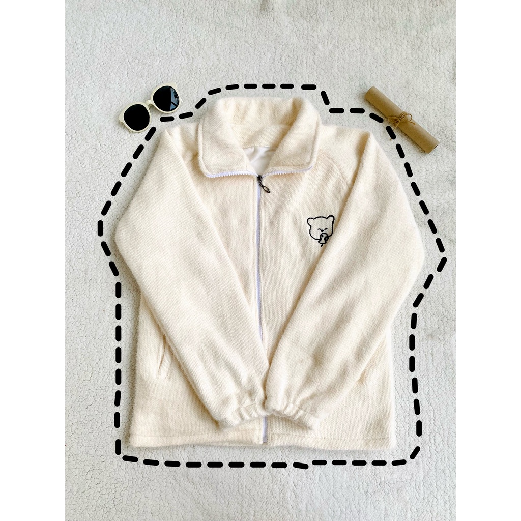 Áo khoác lông thỏ  3 lớp dày dặn, cổ cao thêu hình gấu cute