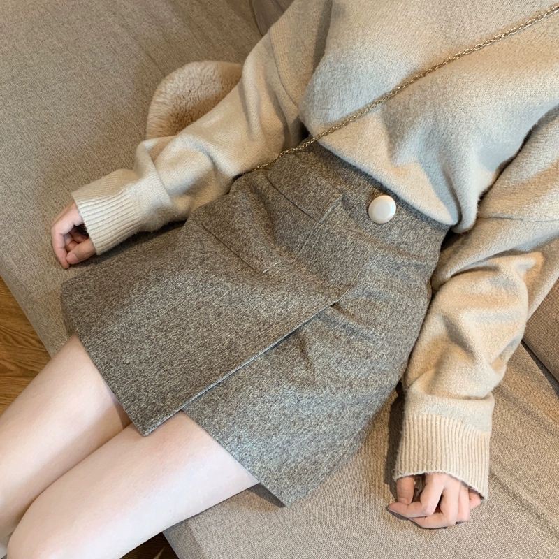 (SẴN) Chân váy dạ vạt lệch 1 cúc