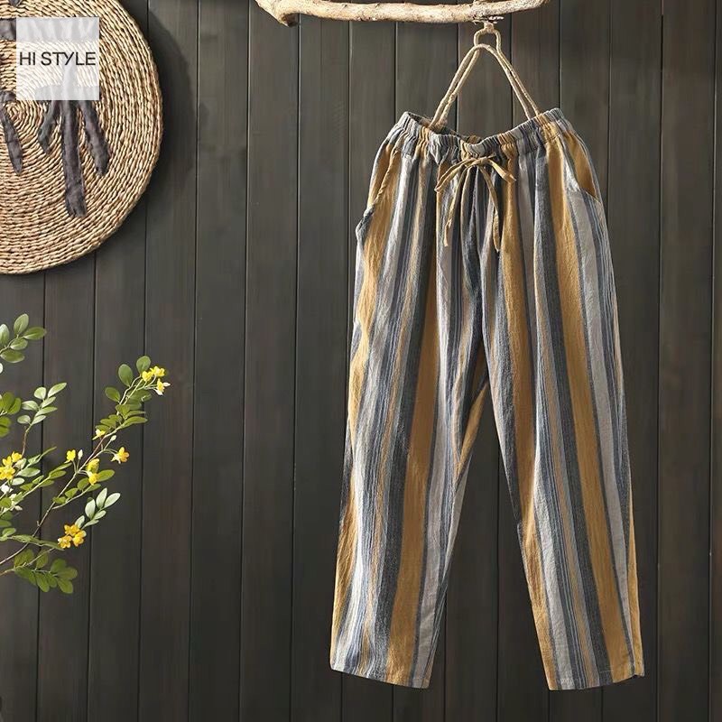 Quần nữ cotton kẻ sọc hoang dã thoải mái quần ngủ mới phong cách Vintage và rentro lưng thun quần âu rộng rãi ống rộng