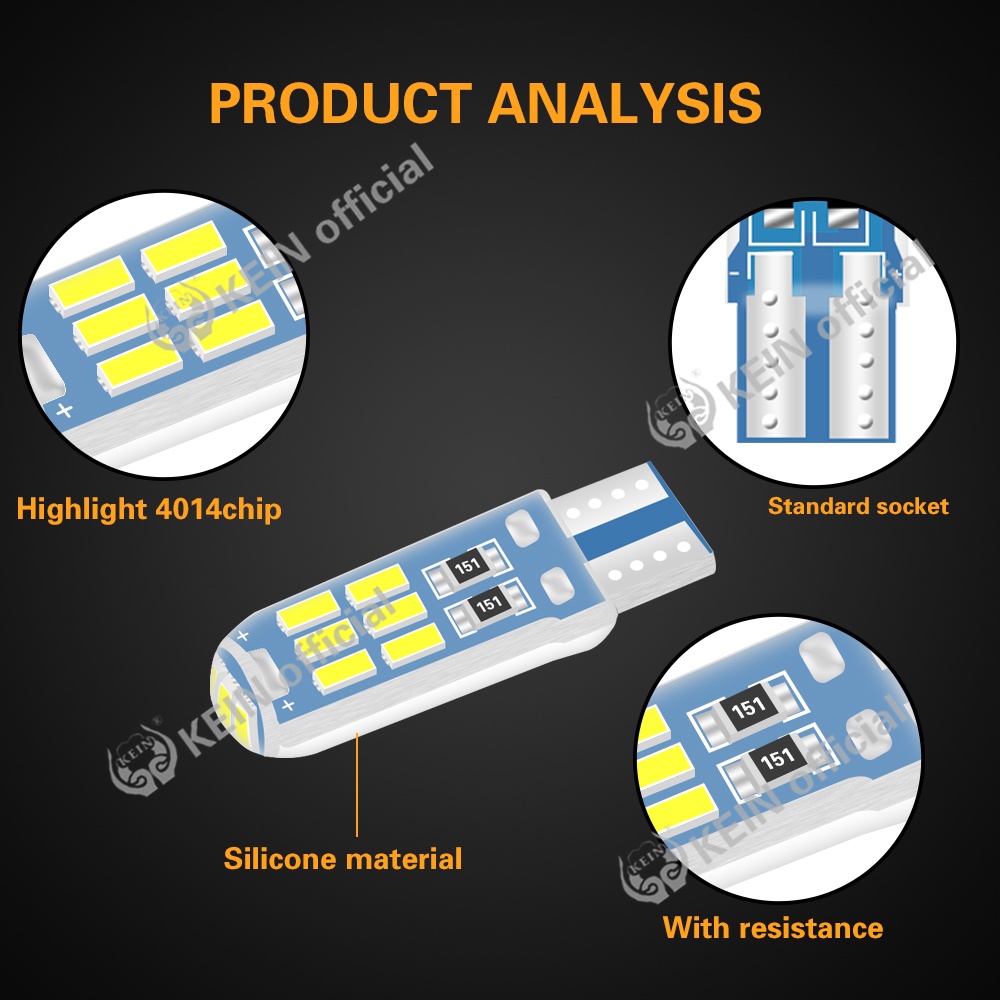 KEIN Waterproof Silicone T10 Led Bulb Park Light Car Dome Light W5W 194 168  15SMD 4014 Side Wedge Replacement Car Interior Light License Plate Reading Instrument Clearance Indicator Panel Marker Rear Tail Trunk Map Door Signal Auto Motorcycle DC12V