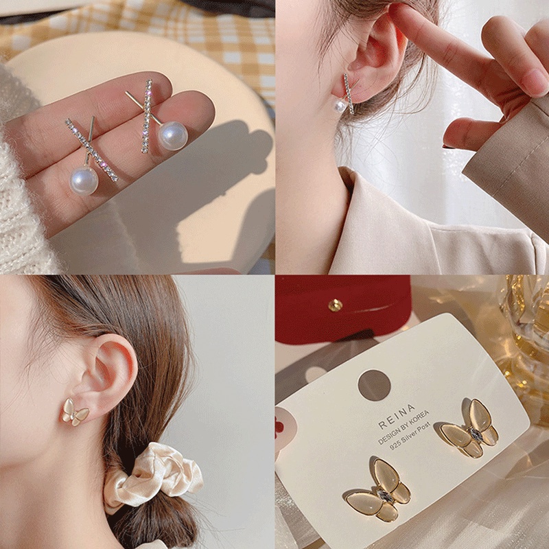 Bông Tai Bạc Đính Đá Mắt Mèo / Bướm / Ngọc Trai Phong Cách Hàn Quốc Chất Lượng Cao