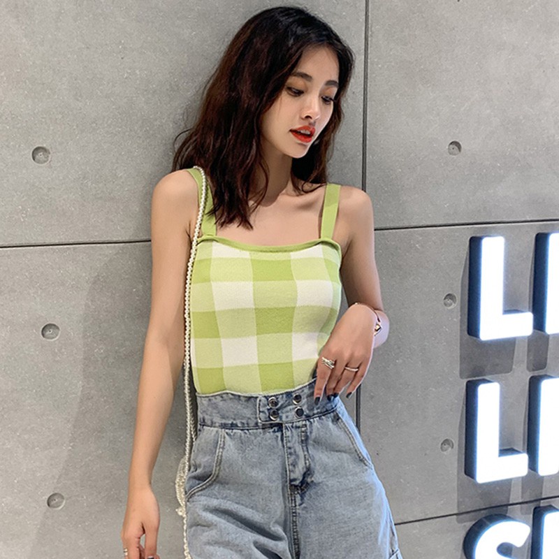 Áo Croptop Áo Tank Top Nữ Áo Dệt Kim Hai Dây Họa Tiết Kẻ Sọc Caro Gợi Cảm Cho Nữ