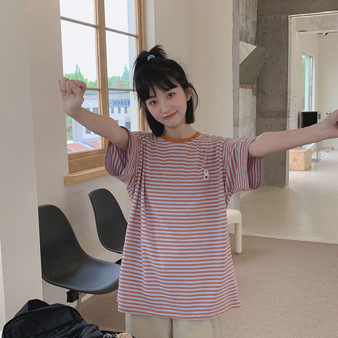 SUXI Áo Thun Tay Ngắn Cổ Tròn Dáng Rộng Họa Tiết Kẻ Sọc Màu Sắc Thời Trang Mùa Hè Xinh Xắn