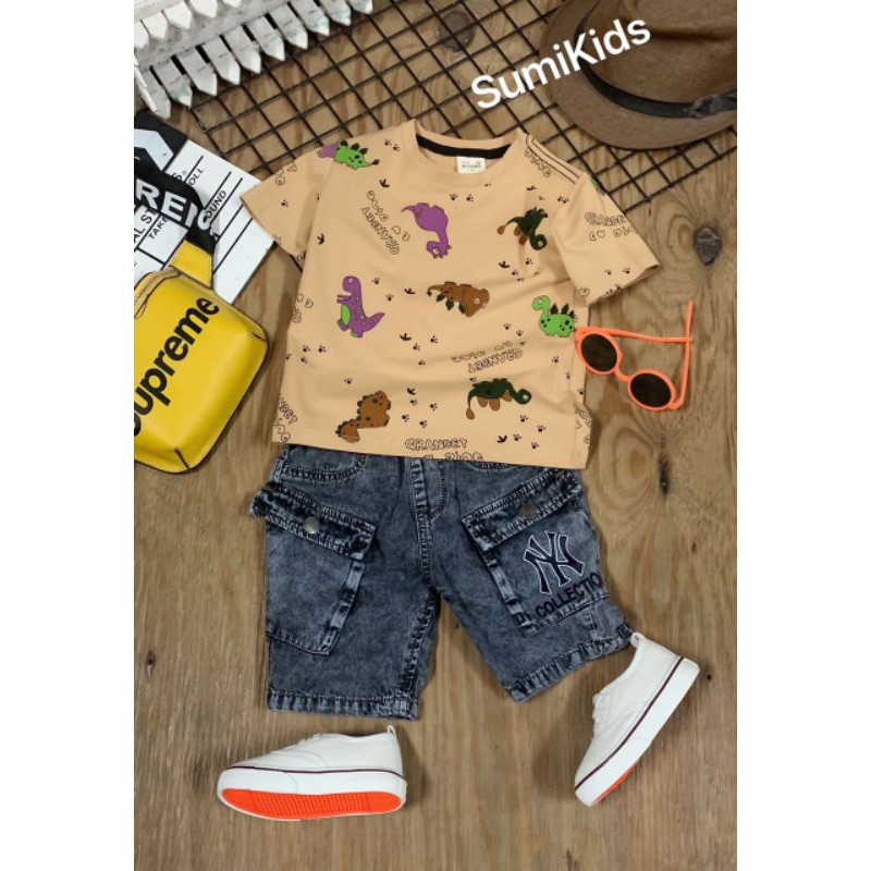 Set quần jean mềm NY áo khủng long bé trai