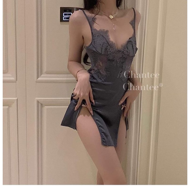 Váy ngủ sexy xẻ tà phối ren ngực kiểu dáng mới _ đầm mặc nhà ngủ nhà quyến rũ quảng châu cao cấp hàng sẵn
