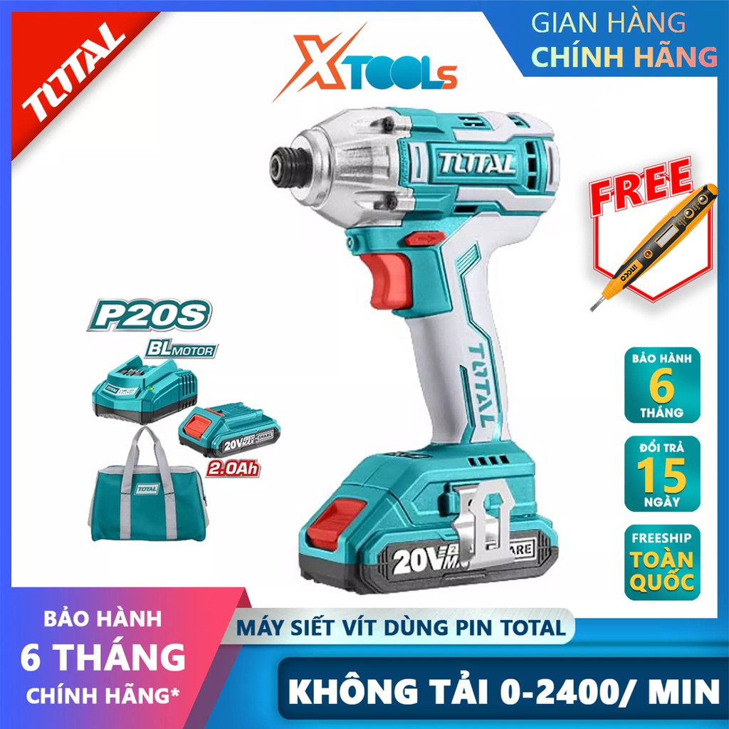 Máy bắn vít dùng pin 20v không chổi than TOTAL TIRLI2002 tốc độ 2400v/p, lực siết 3550bpm dung lượng pin 2.0ah, tặng kèm