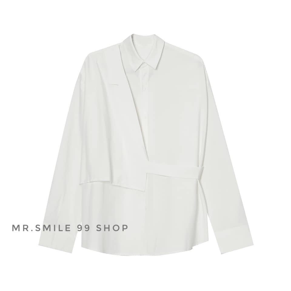 ÁO SƠ MI BASIC TRẮNG ĐEN TAY DÀI PHỐI CỔ VEST THỜI TRANG MR SMILE 99 SHOP