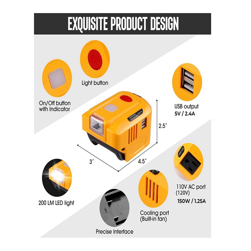 Bộ Chuyển Đổi Nguồn Điện DC 18-20V Sang AC 110V Hai Cổng USB Cho Pin Lithium-Ion