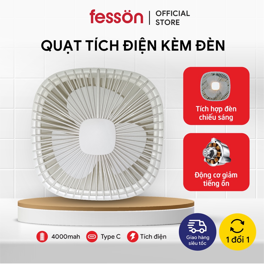 Quạt tích điện 4000mAH Siêu trâu cao cấp fesson, Quạt để bàn sạc tích điện kèm đèn tiện lợi