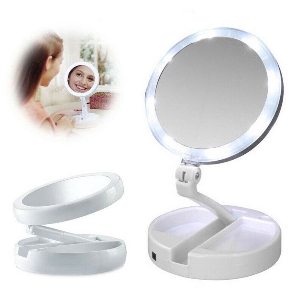 Gương Trang Điểm Để Bàn Phấn Có Đèn Led Sạc Kính Tròn Makeup Phóng Đại Lật 2 Mặt Xoay 360 Độ Mini Gấp Gọn