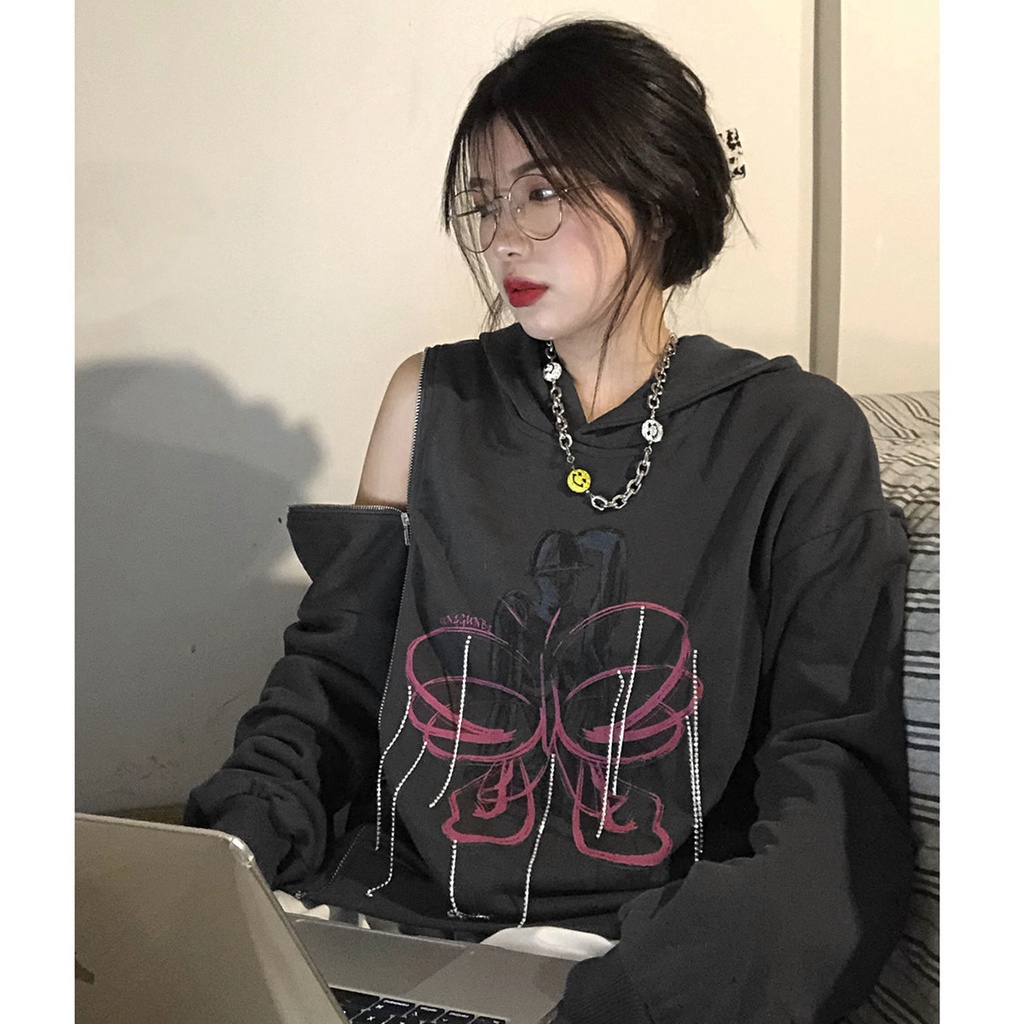 Áo hoodie mỏng có nón trùm tay dài phối khóa kéo tua rua kim cương giả in hình mới cho nữ