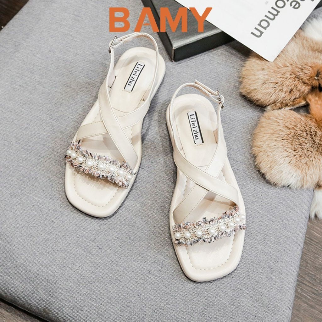 Dép Sandal Nữ đính Ngọc Châu Vải Ren quai chéo CHIBAMY đế bệt, Dép quai hậu nữ học sinh, sinh viên