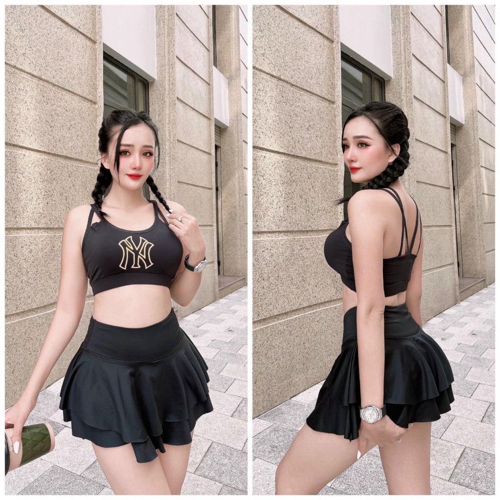 Đồ tập gym nữ, set tập NY áo bra chân váy 2 tầng nhảy aerobic, yoga, khiêu vũ,biểu diễn, đi bơi,đi biển nữ