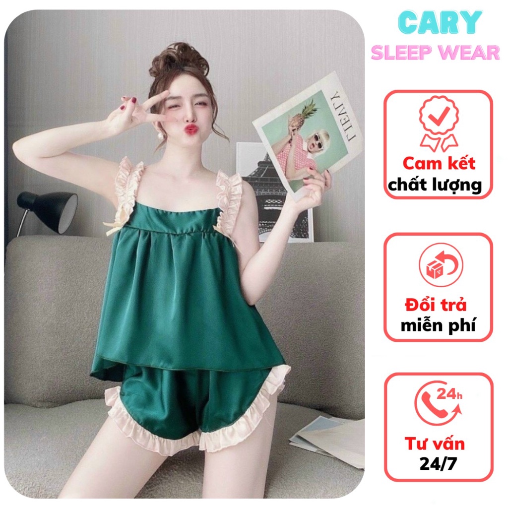 Bộ ngủ sexy lụa satin CARY,đồ bộ 2 dây nhún quần viền bèo chất lụa satin mát mềm mại gợi cảm