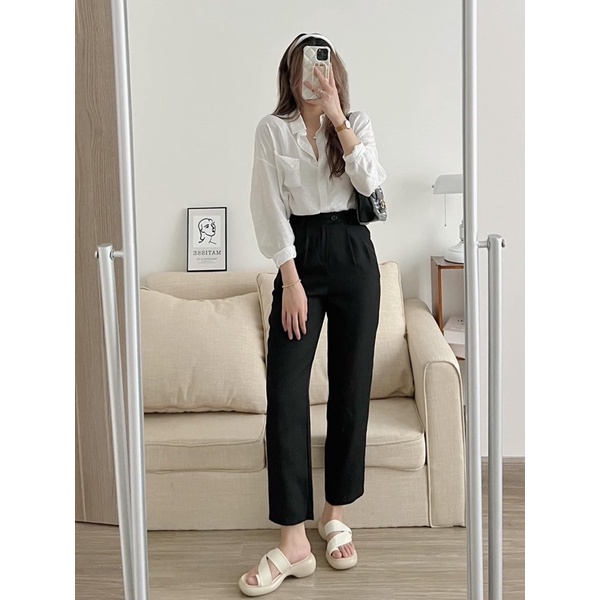Quần baggy nữ cúc lệch cạp cao chất Ruby Hàn Quốc, Quần ống rộng nữ lưng chun co giãn đi học đi làm công sở đẹp
