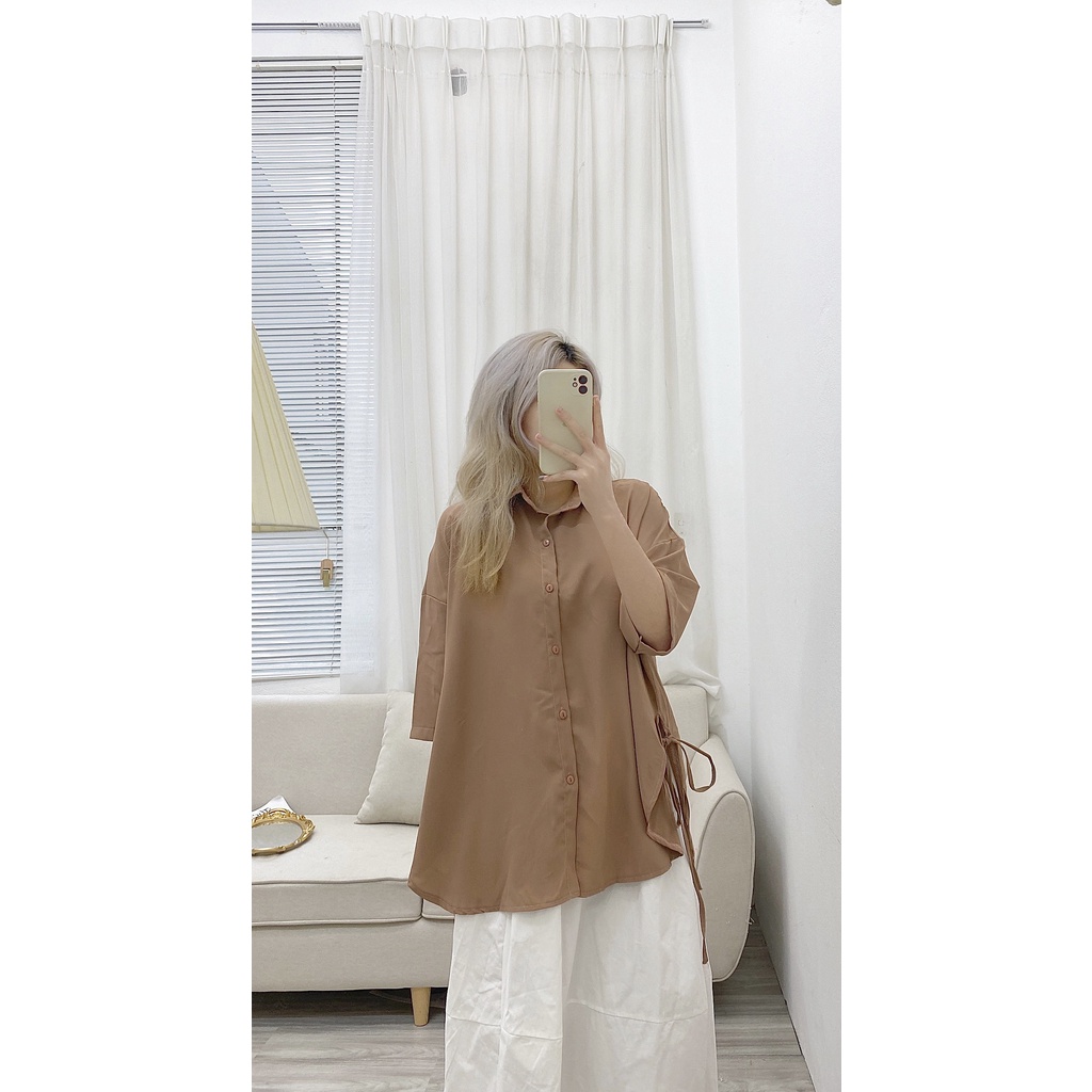 Sơ mi lụa ngắn tay trơn rút dây 2 bên - kèm ảnh thật chụp tại shop