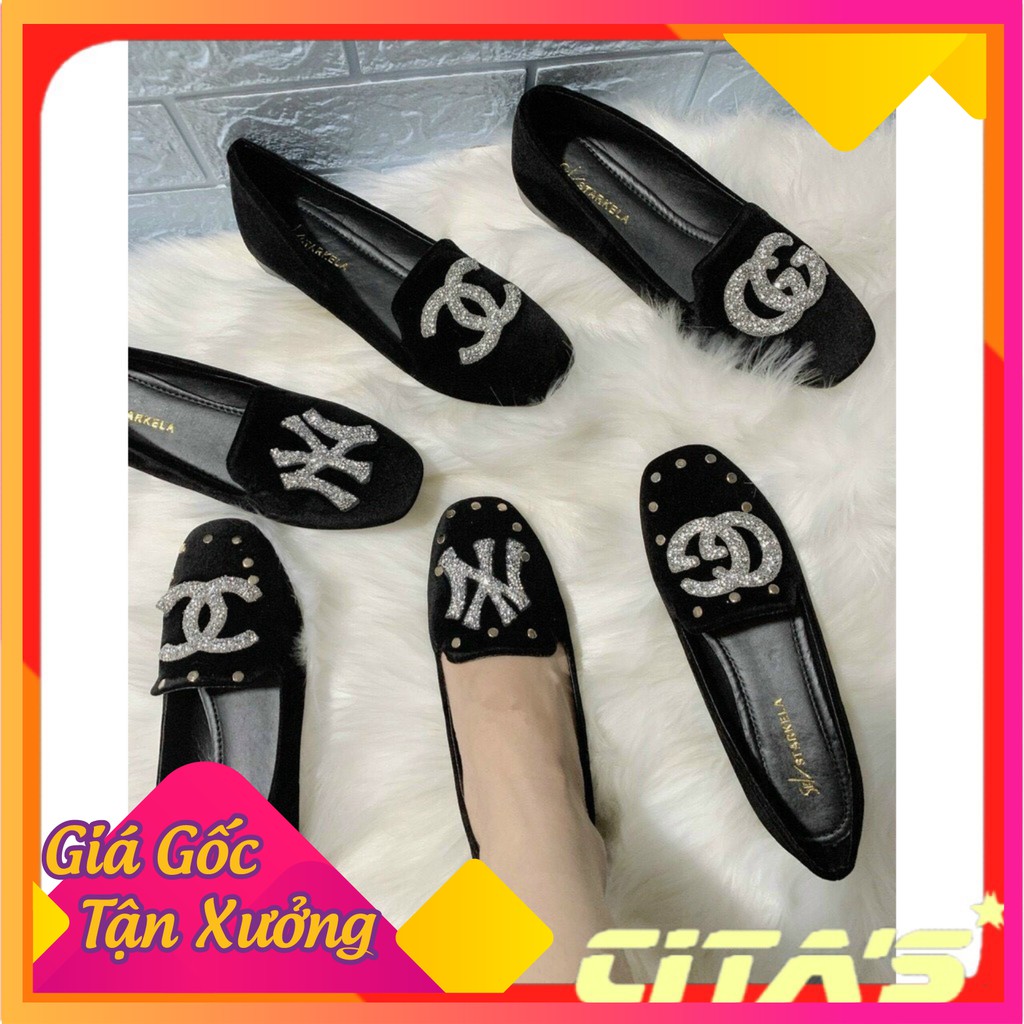 Giày nhung mũi vuông đính nơ đá các mẫu - Giày nữ chất liệu nhung - Giày nhung nơ đá  cực xinh - Citashoes