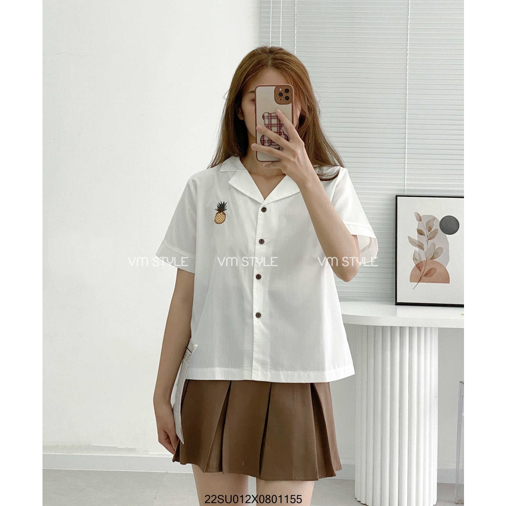 Áo sơ mi tay ngắn VMSTYLE cổ vest thêu trái thơm -11061- SMU00123