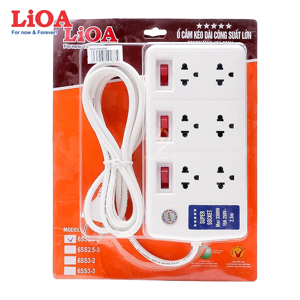 Ổ cắm điện công suất lớn, ổ cắm chịu tải 3300W, cao cấp, LIOA, 6 ổ cắm đa năng, 3 công tắc, 6SS2.5-2