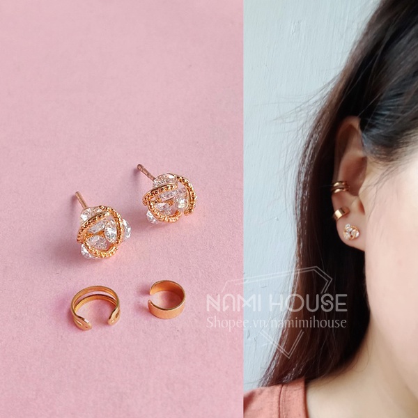 Bông tai nụ 3 viên đá đeo sát tai và bông tai kẹp vành tai mẫu mới hot trend hàn quốc khuyến mãi - nami house