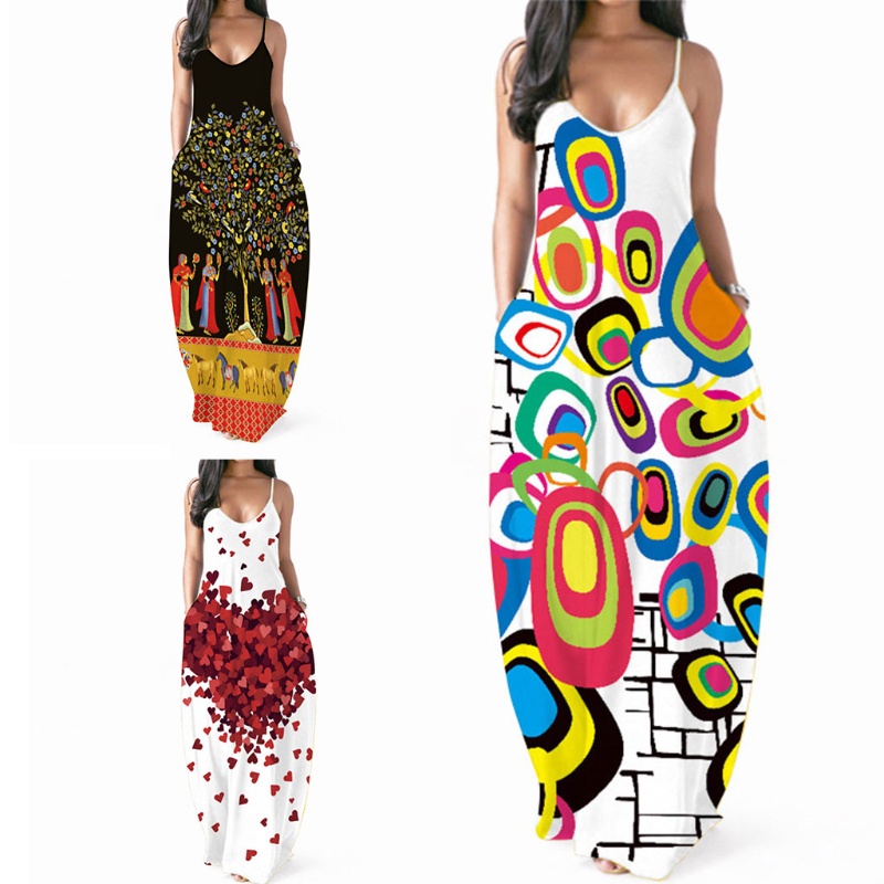 Đầm Dài Maxi Hai Dây Cổ Chữ V Gợi Cảm In Họa Tiết Hoa Có Túi Phong Cách Boho Cho Nữ