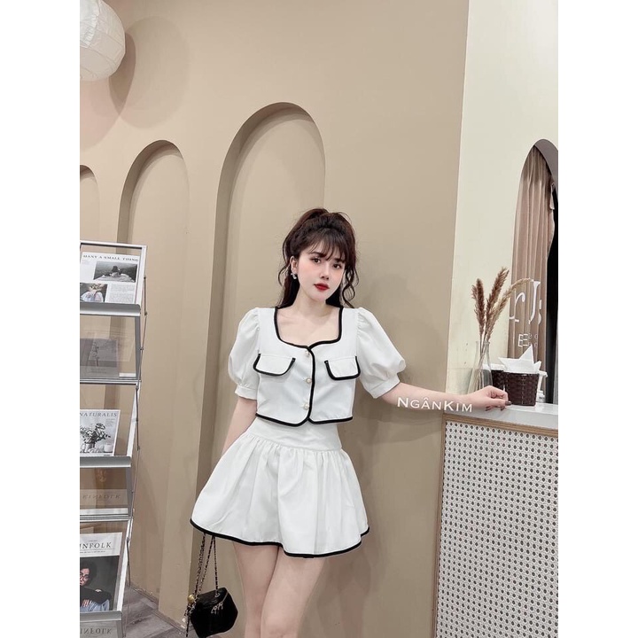 Set tiểu thư cổ v viền mí chân váy ngắn chữ a 2 lớp đồ bộ nữ TT631