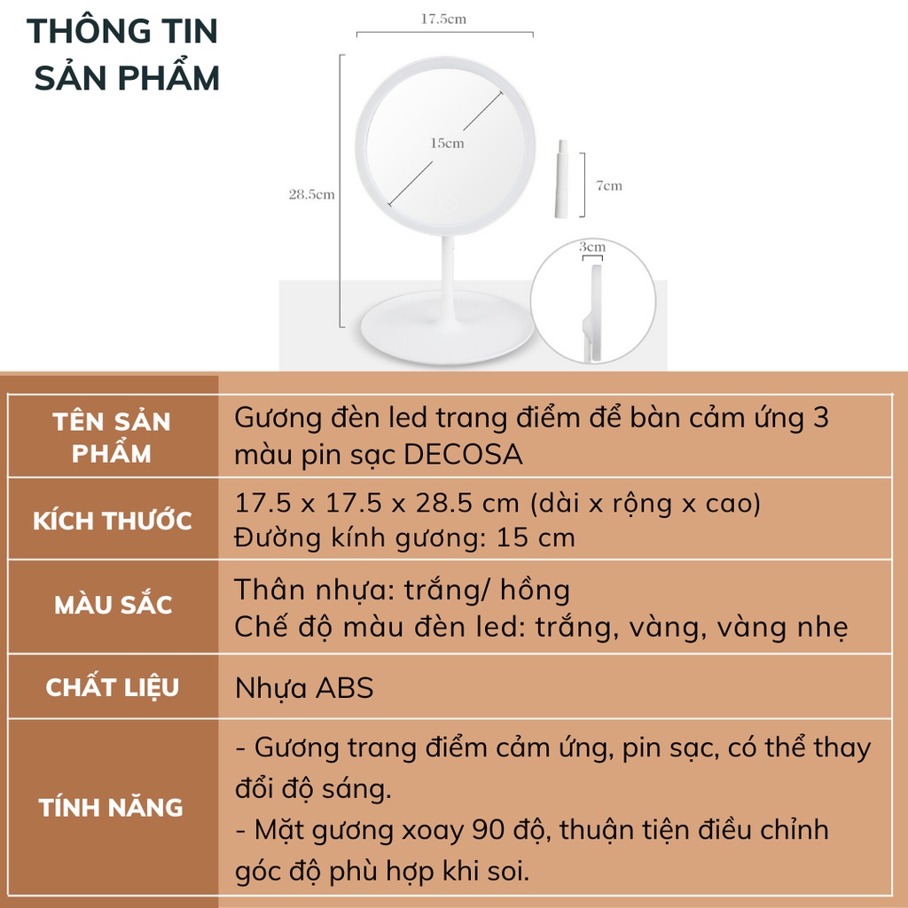 Gương đèn led trang điểm để bàn cảm ứng 3 màu pin sạc DECOSA
