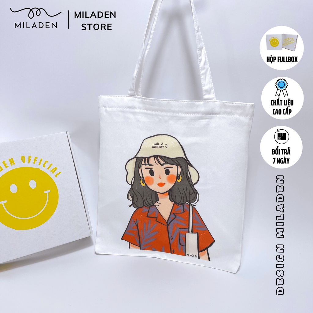 Túi vải,Túi Tote Canvas MILADEN Thiết Kế Girl Đội Nón Miladen.