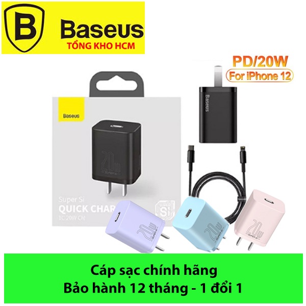 Bộ cốc cáp sạc nhanh Baseus 20W Si cho IP12, Củ sạc nhanh IP12 Baseus 20W Super Si Mini USB C hỗ trợ sạc nhanh QC3.0 PD