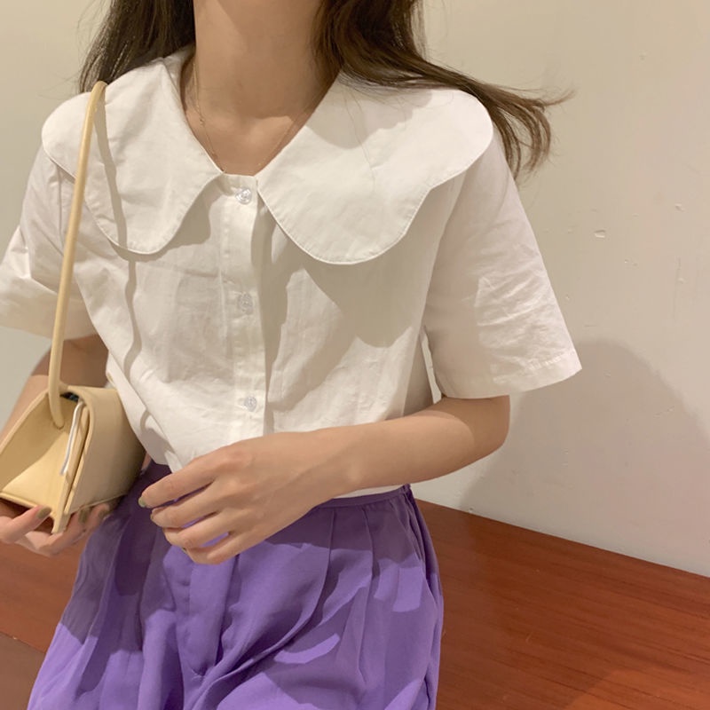 COZOKC COZOK Áo sơ mi COZOK tay ngắn cổ lá sen dễ phối đồ phong cách Hàn Quốc