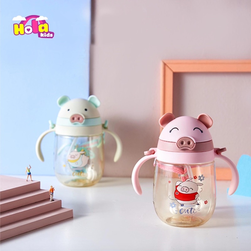 Bình nước chống sặc, bình tập hút hình hươu tay cầm cho bé 370ml HolaKids