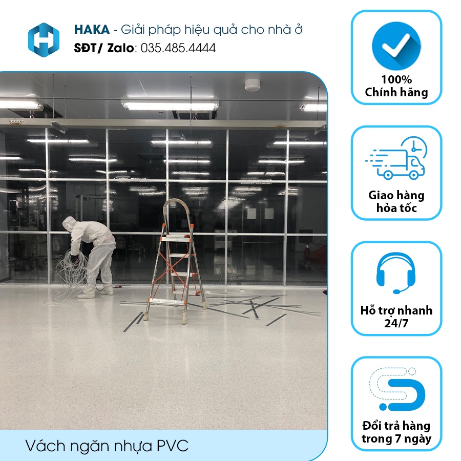 Vách ngăn nhựa PVC trong suốt. Nhựa dày 1.0mm. Khung sắt, nhôm. Linh động cao. Phân khu sản xuất kích thước 1mx1m