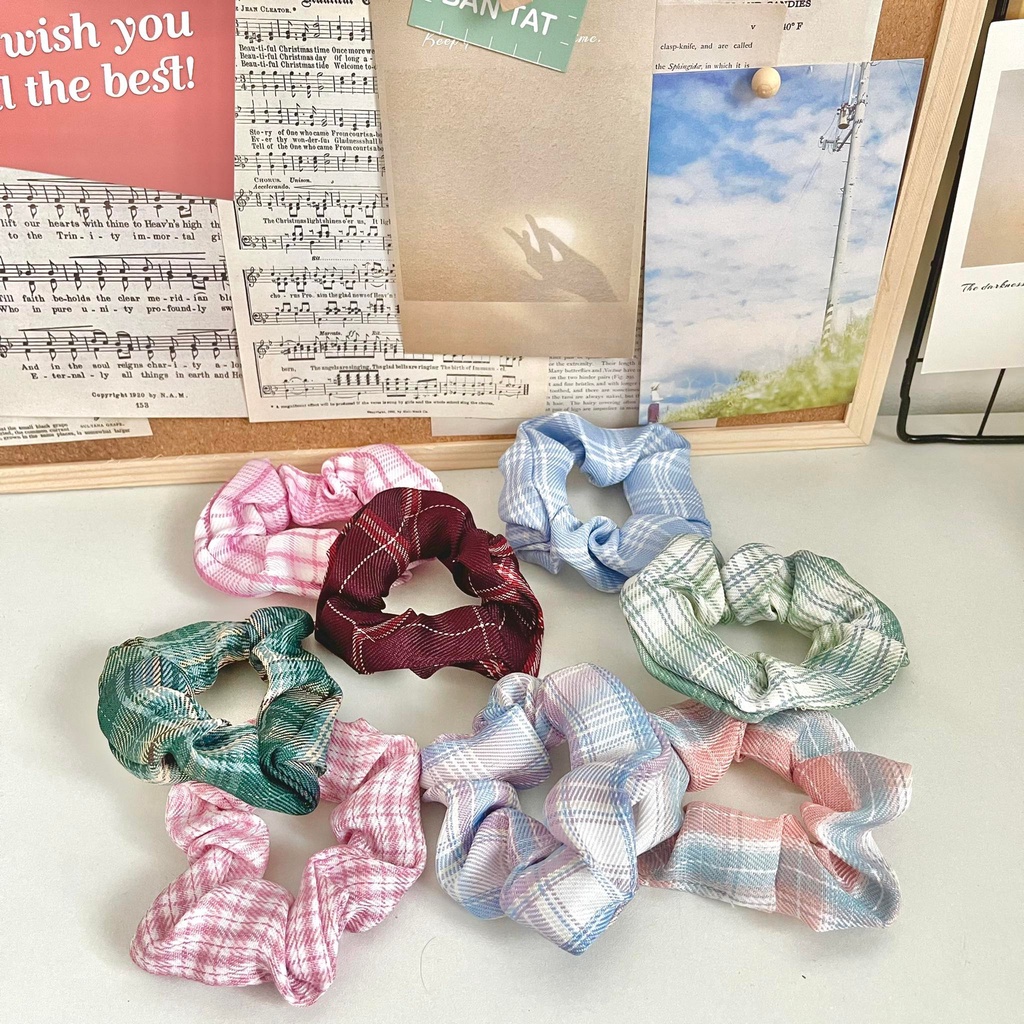 Dây buộc tóc Scrunchies hoạ tiết caro nhiều màu