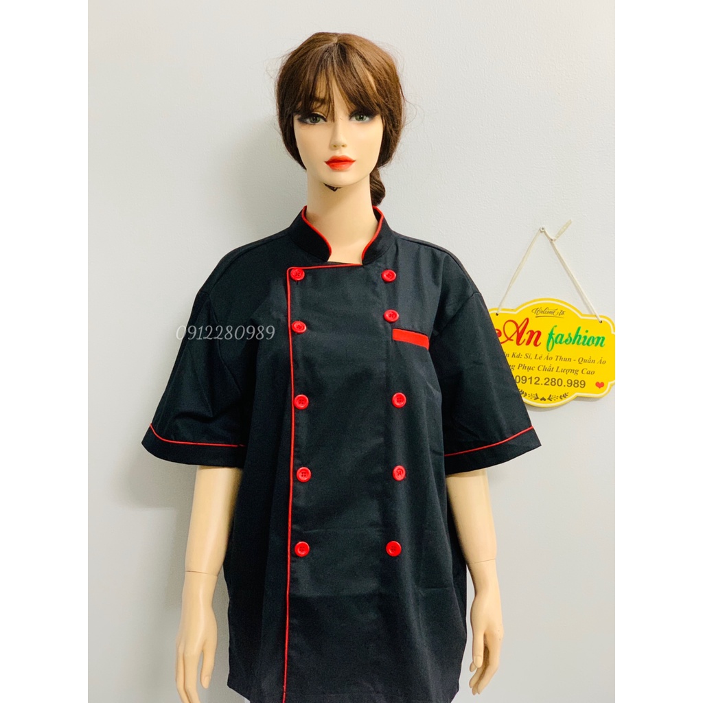 Áo đầu bếp nam nữ cao cấp dày dặn màu đen tay ngắn _ Hình chụp thật