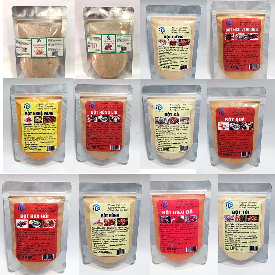 Gia vị thiết yếu túi 100g:hành ta,hành tây, riềng,ngũ vị hương,ớt, nghệ, húng lìu, sả, quế, hoa hồi, gừng, điều đỏ, tỏi