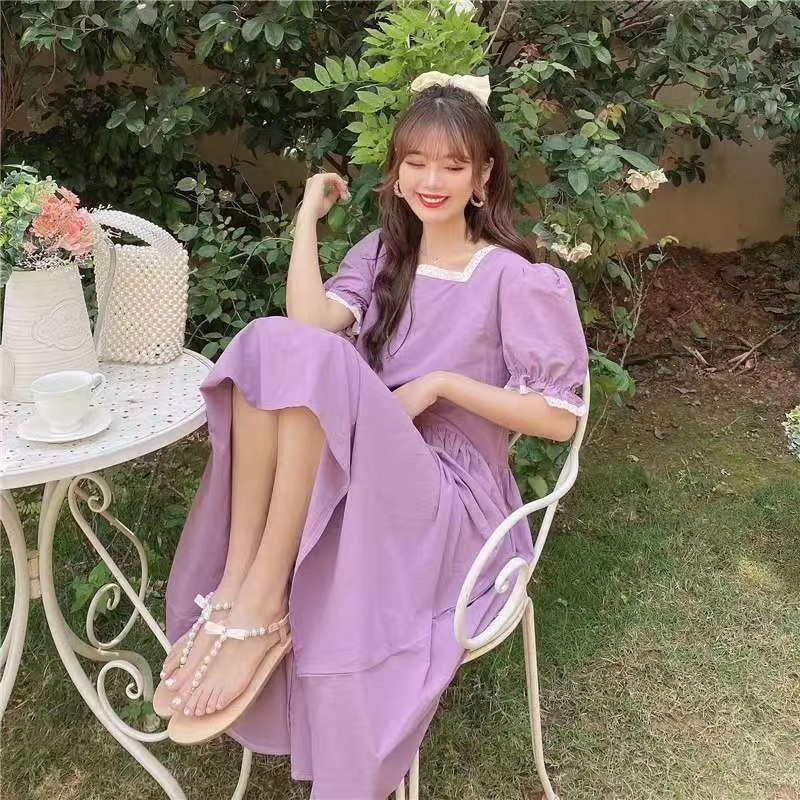 Đầm Maxi Xòe Tay Ngắn, Cố Vuông Viền Ren Màu Trơn SP028589 - SP028595