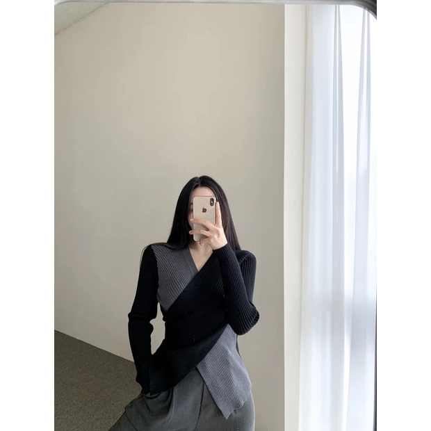 SUXI Áo kiểu dệt kim tay dài cổ chữ V bắt chéo màu sắc tương phản phong cách Hàn Quốc thời trang dành cho nữ