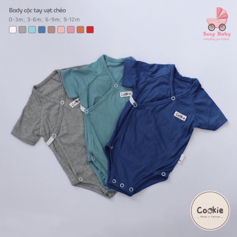 Body chip cho bé gái và bé trai sơ sinh COOKIE bodysuit cộc tay hai vạt chéo, 8 màu sắc, size 0 - 12 tháng tuổi