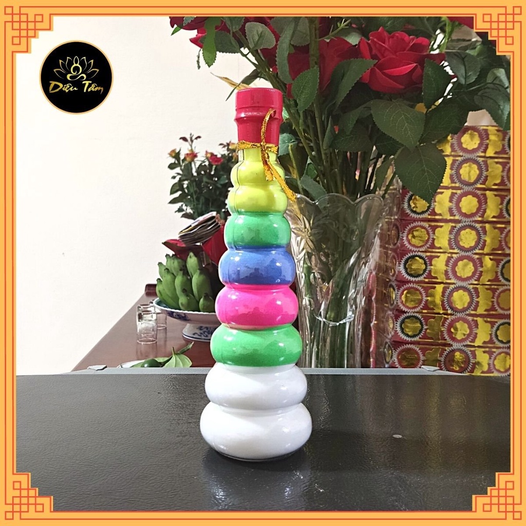 Chai muối ngũ sắc phong thủy bày bàn thờ thần tài đồ thờ cúng.